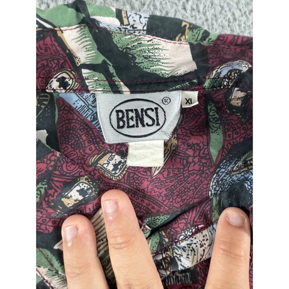 Vintage Bensi Hawaiian Shirt Mens XL Red Silk Button Up Camp Short Sleeve AOP - Picture 4 of 9